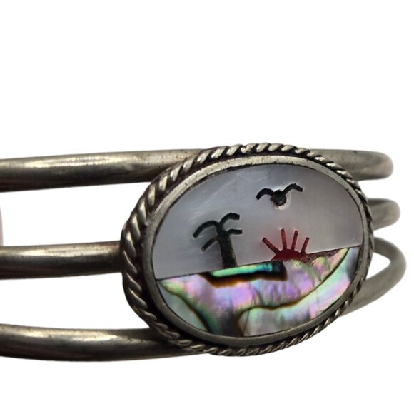 Vintage Abalone Shell Beach Scene Bracelet Palm tree Ocean Seagull Bird - Picture 12 of 12